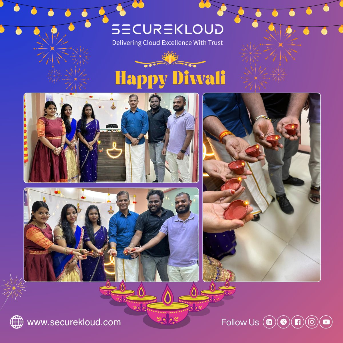 SecureKloudTech's tweet image. The festive spirit lit up SecureKloud this Diwali! ✨​

Our Teams celebrated Traditional Wear Day, surrounded by diyas, colors, and togetherness made thiscelebration brighter.​
Wishing you a Diwali filled with light, happiness, and prosperity. ​

​#Diwali2025 #TeamSecureKloud