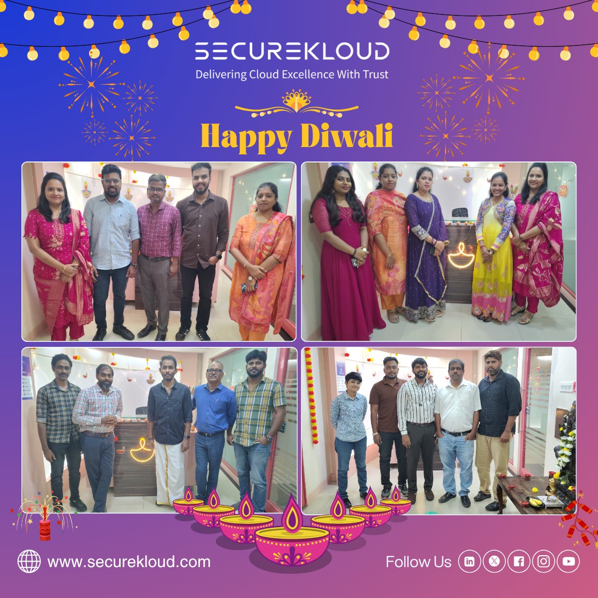 SecureKloudTech's tweet image. The festive spirit lit up SecureKloud this Diwali! ✨​

Our Teams celebrated Traditional Wear Day, surrounded by diyas, colors, and togetherness made thiscelebration brighter.​
Wishing you a Diwali filled with light, happiness, and prosperity. ​

​#Diwali2025 #TeamSecureKloud