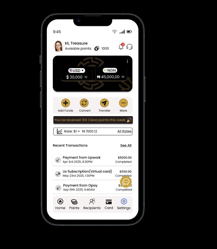 tee4treasure1's tweet image. While maintaining it’s originality, I added some features for easy user navigation. E.g the Nigeria account showing the equivalent amount of the USD, since the app was built with Africans in mind. Also a chat button on the right-down for easy enquires. #Clevaredesignchallenge