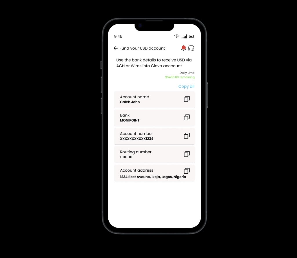 tee4treasure1's tweet image. While maintaining it’s originality, I added some features for easy user navigation. E.g the Nigeria account showing the equivalent amount of the USD, since the app was built with Africans in mind. Also a chat button on the right-down for easy enquires. #Clevaredesignchallenge
