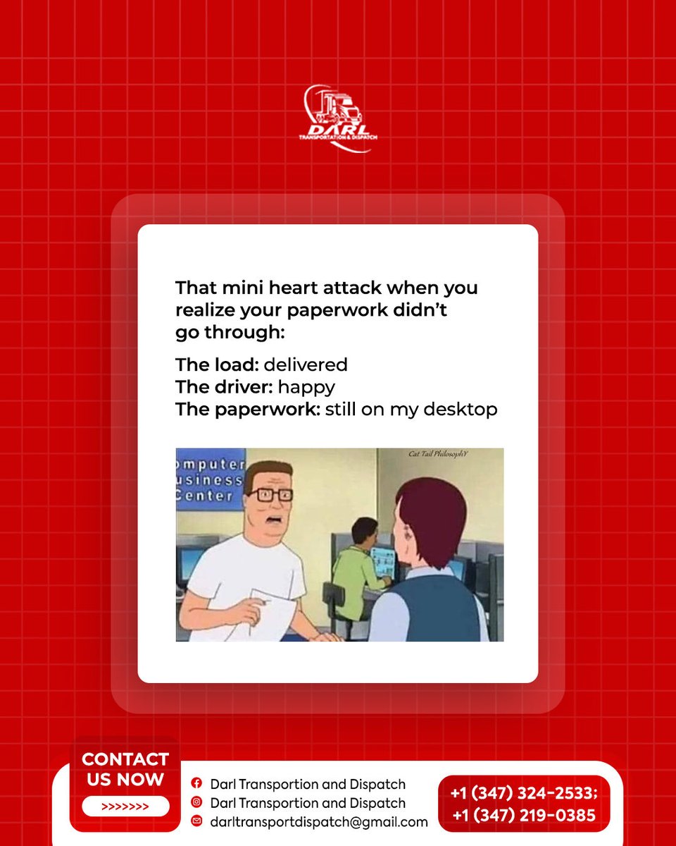 DarlDispatch25's tweet image. Be honest — how many times has this happened to you? 😅

#DispatcherProblems #TruckingHumor #DarlTransportation
#DispatchTips #SmartDispatch #FleetManagement #TransportationGoals #DarlDispatch