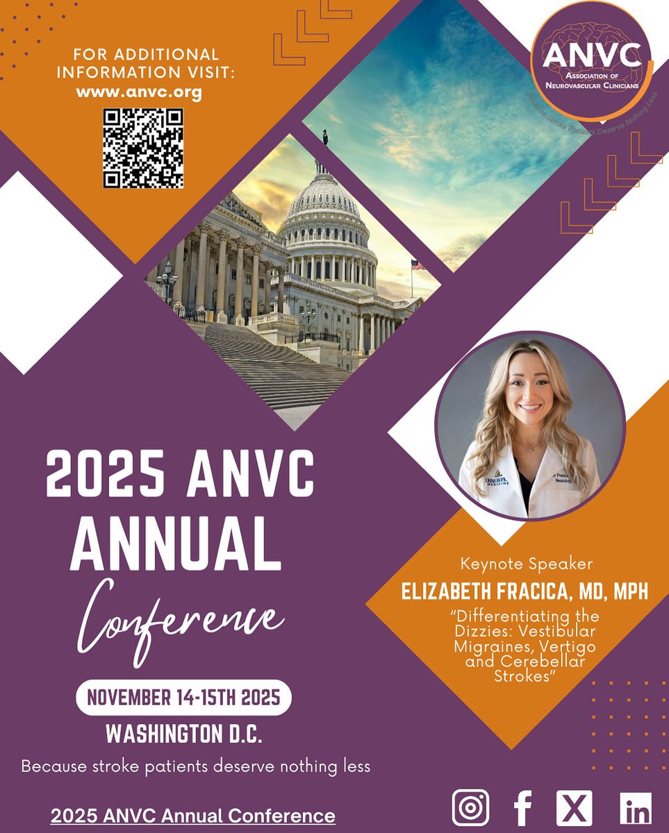 Migraine? Vertigo? Cerebellar stroke? This November at #ANVC25, don’t miss our keynote speaker Elizabeth Fracica MD MPH and “Differentiating the Dizzies.” Register today! <a href="/ANVC__/">Association of Neurovascular Clinicians</a>  anvc.org/i4a/pages/inde…

#becausestrokepatientsdeservenothingless #stroke