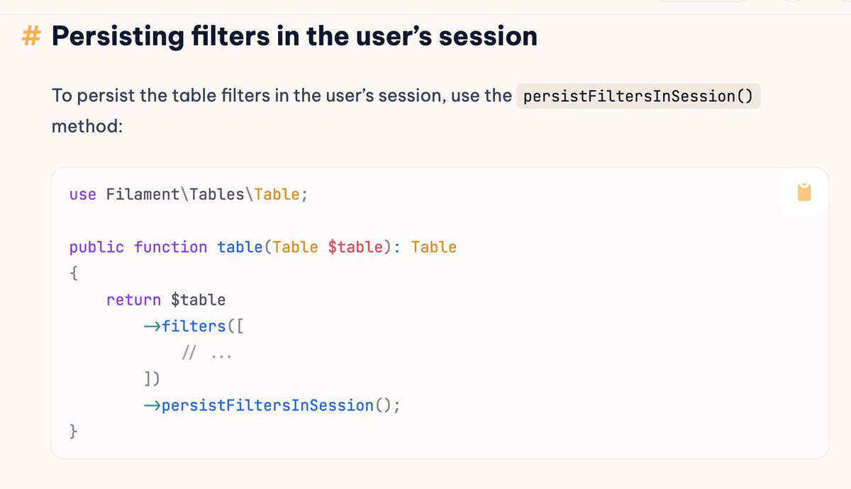 PovilasKorop's tweet image. Tip on @filamentphp.
Want to keep filters active between page loads?
Use `persistFiltersInSession()` so users don’t lose their selected filters when navigating away or refreshing.
Link to docs: filamentphp.com/docs/4.x/table…
#practicalFilamentDocs