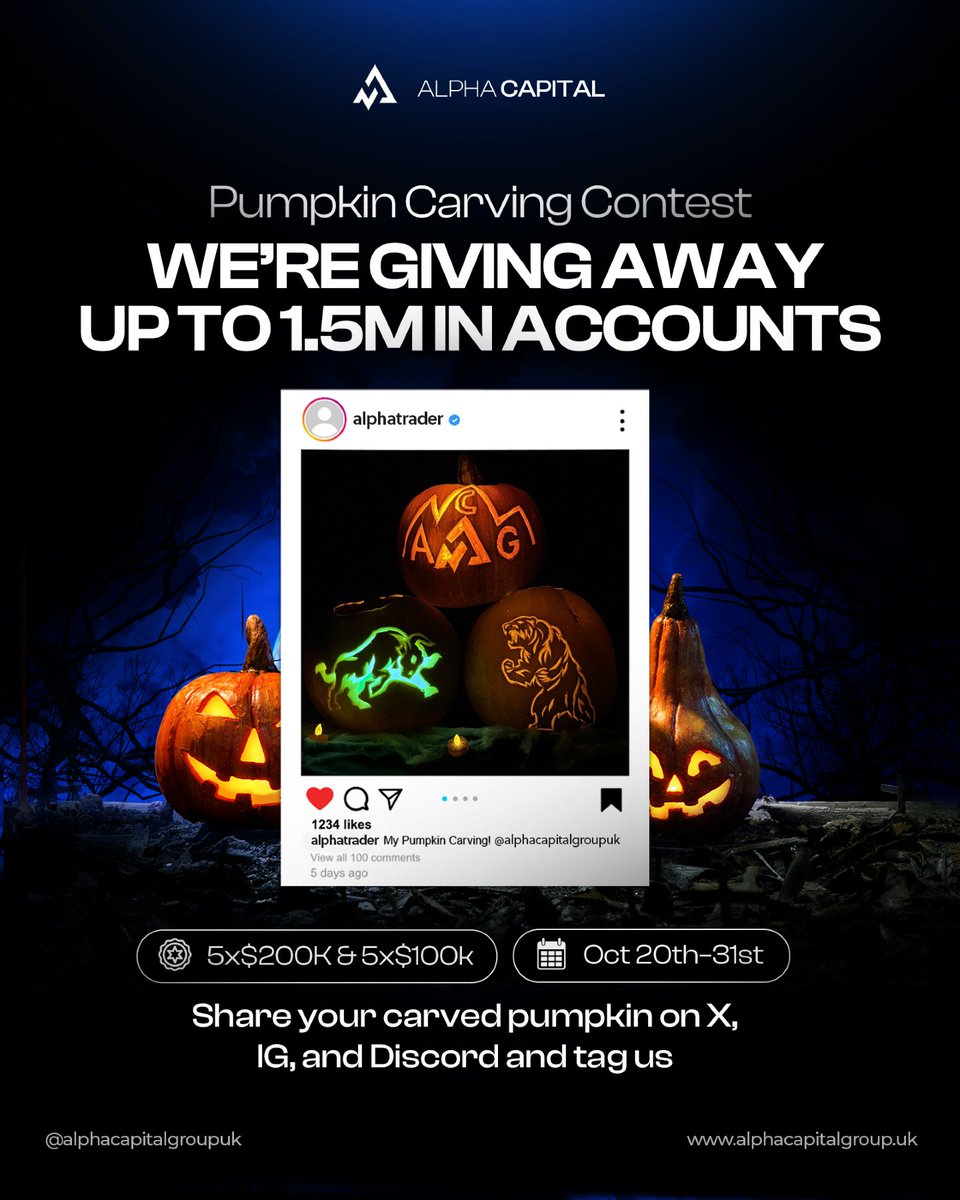 Pumpkin Carving Contest 🎃

We’re giving away over $2M in accounts this Halloween 👀

Carve your best Alpha themed pumpkin (Alpha Capital or Futures) and post it on X, Instagram, or Discord - don’t forget to tag us.

💰 5x $200K &amp; 5x $100K accounts
📅 Oct 20th–31st

Let’s see