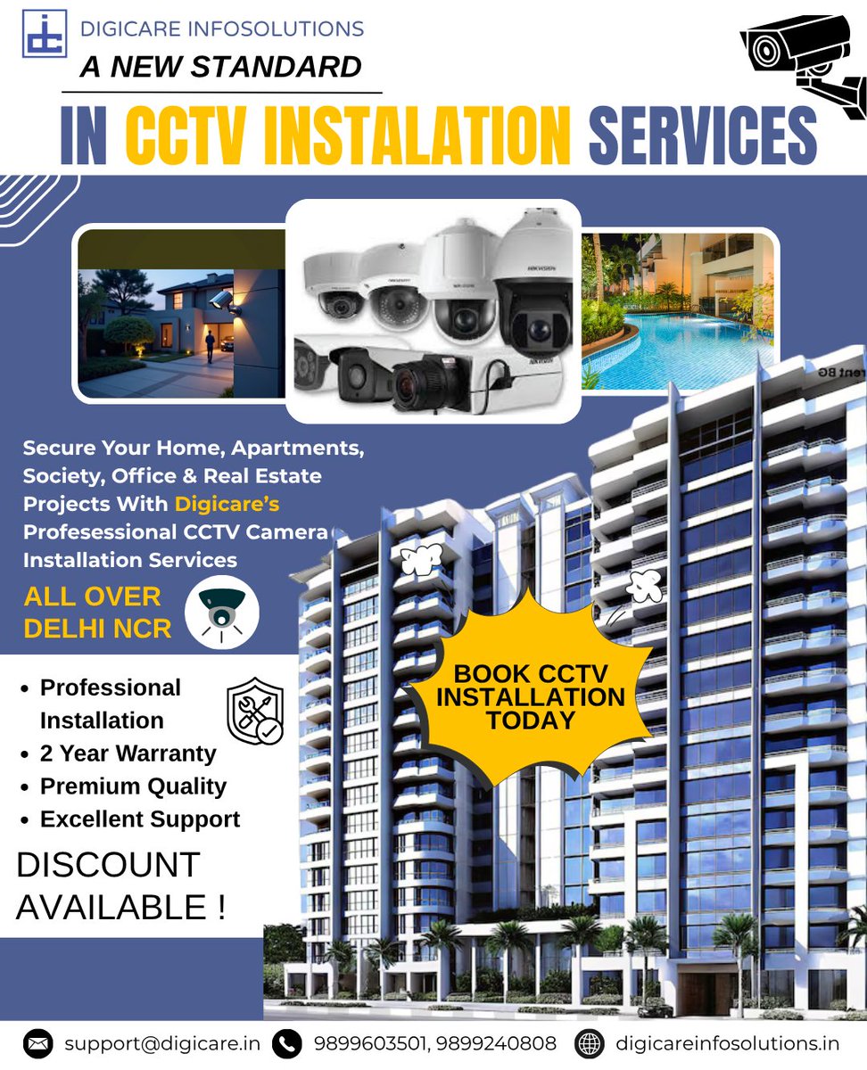 Digicareinfosol's tweet image. Digicare Infosolutions offers Best CCTV Camera Installation in Delhi Ncr
Our CCTV Specialist can help you select the best CCTV Camera for you with a professional installation
#Delhi #DigiCare #CCTV #securitysolutions #securitycamera #cctvinwazirpur #cctvinstallationinwazirpur