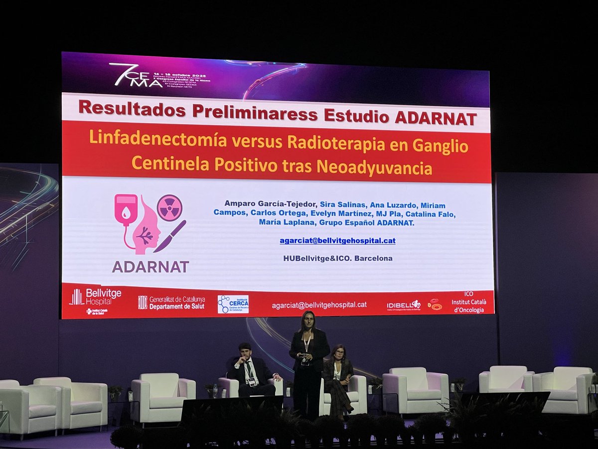 AndresMuDel's tweet photo. Excelente presentación de Amparo García Tejedor con los datos preliminares del @AdarnatTrial Linfadenectomía vs #radioterapia en ganglio centinela positivo tras neoadyuvancia: la mayoría de linfas ‘blancas’ indican que no estamos perdiendo pacientes con enfermedad. https://t.co/0qh2b7TXre