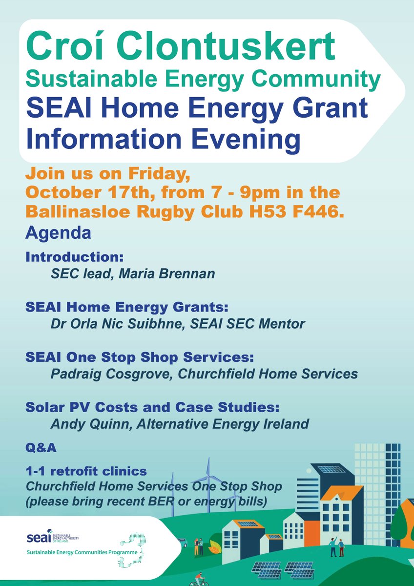 Great event happening in Clontuskert this evening, join us if you need information on home energy grants <a href="/SEAI_ie/">SEAI</a>