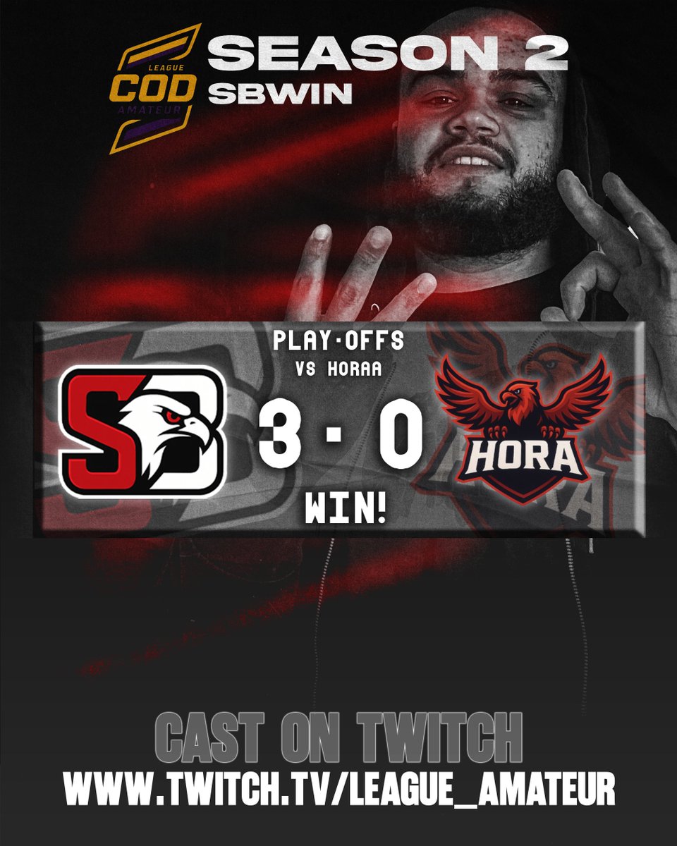 Victoire 3-0 contre HORA

GGs HORA

On continue notre route dans le upper bracket de la <a href="/League_Amateur_/">League COD Amateur</a> 

#SBWIN