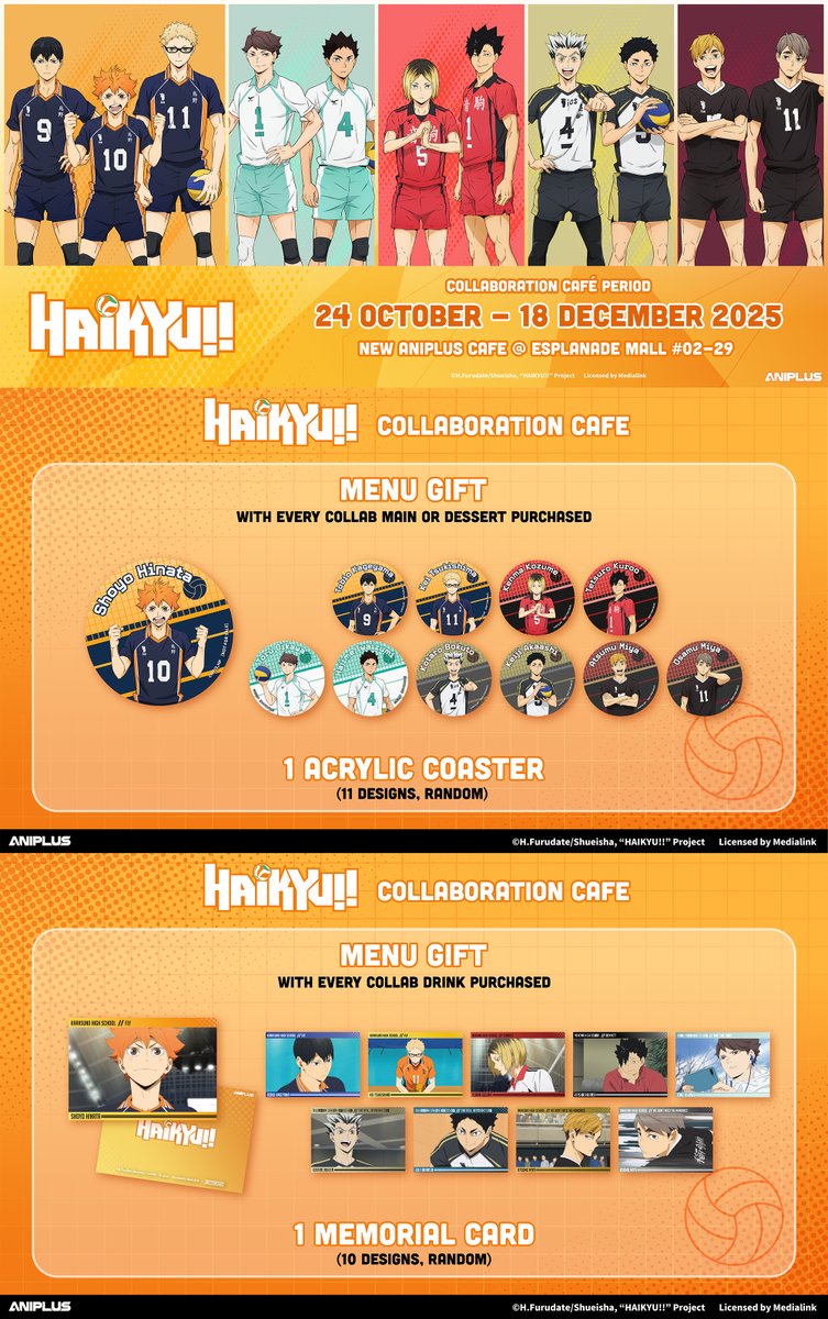 anipluscafesg's tweet image. Experience the NEW! ANIPLUS café with Haikyu!! | ANIPLUS Collaboration Café 🏐

Reservations now open!
🔗 anipluscafe.com/haikyu

Collab Cafe Period
📍24 Oct - 18 Dec 2025
📍NEW! ANIPLUS café @ #02-29 Esplanade Mall

#haikyu!! #anipluscafesg #ANIPLUSAsia