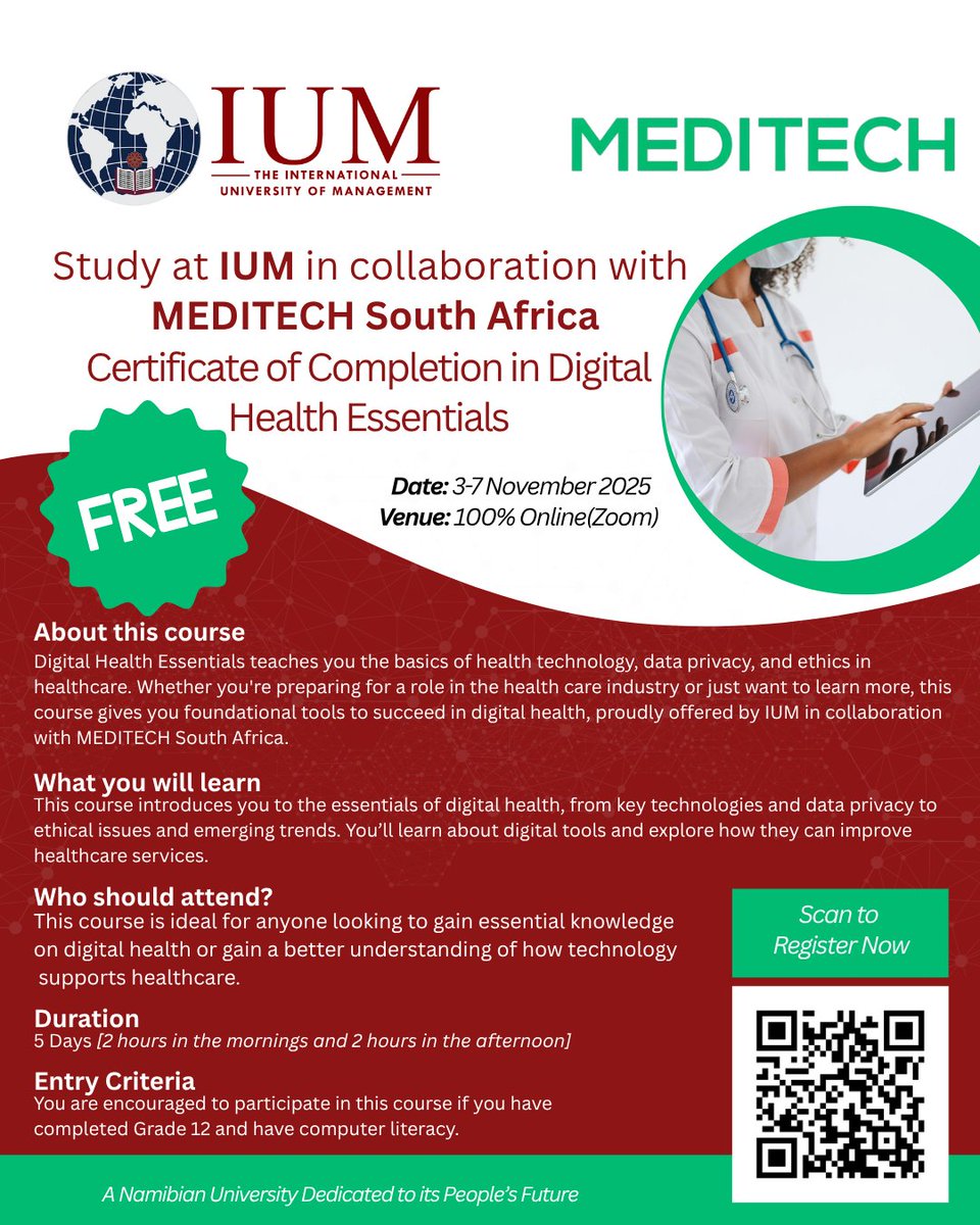 IUM_Namibia's tweet image. 𝐅𝐑𝐄𝐄 𝐂𝐎𝐔𝐑𝐒𝐄- Digital Health Essentials
Registration Link : forms.gle/X4Y7eCFsKoJ4S5…