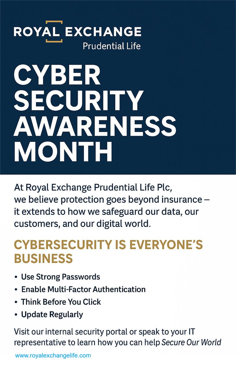 royalrepru's tweet photo. 🔐October is Cybersecurity Awareness Month!
At Royal Exchange Prudential Life, we’re committed to keeping our digital environment safe and empowering everyone to take simple steps toward stronger cybersecurity. #BeCyberSmart #CyberSecurityAwarenessMonth #CyberSafe #DataProtection https://t.co/ThZF33gyTj