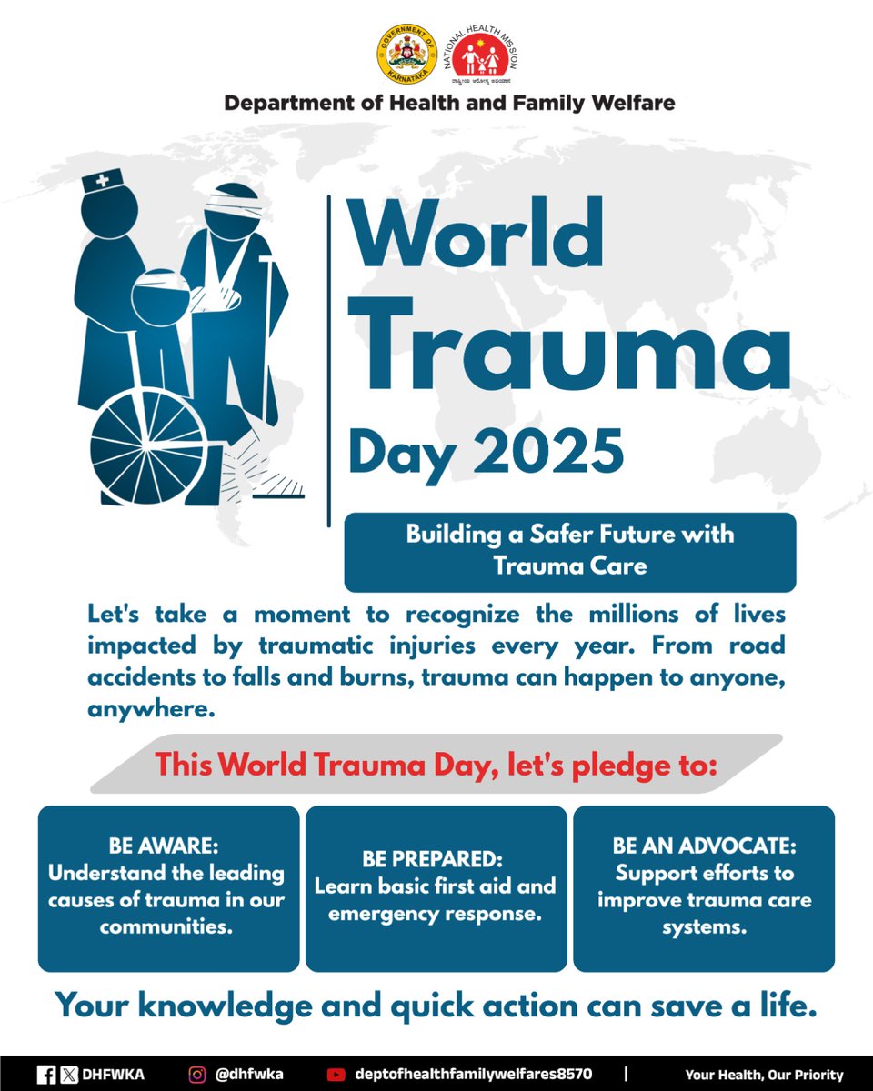 Every second counts in trauma care. 🕒
On #WorldTraumaDay, let’s pledge to be aware, prepared and proactive in saving lives.
#KarnatakaHealth #TraumaCare 

<a href="/CMofKarnataka/">CM of Karnataka</a> <a href="/KarnatakaVarthe/">DIPR Karnataka</a>