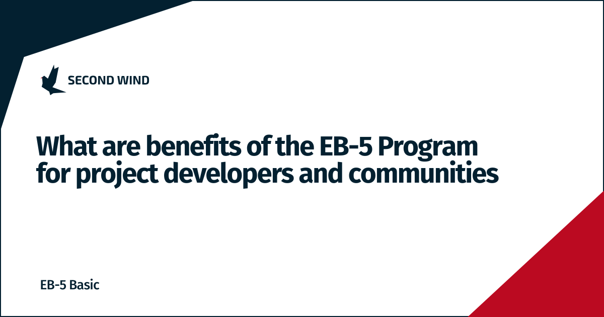 second_wind_eb5's tweet photo. What are benefits of the EB-5 Program for project developers and communities?

For project developers, the EB-5 Program offers access to flexible capital that is often structured as subordinated debt or equity and used to complete or expand a variety of commercial developments. It can help bridge financing gaps, attract other funding sources, and strengthen project feasibility.

For communities, EB-5 investments generate local employment, increase tax revenue, and spur infrastructure development—particularly in underserved areas like Rural Areas and High-Unemployment Areas. The program’s ability to align private capital with public benefit has made it a valuable tool for local and regional economic development.

The program's ability to align private investment with public interests makes it a powerful tool for regional development.

Want to better understand EB-5 project structures?

Read our detailed article on project selection and evaluation:
https://t.co/8j9eZvPgZy