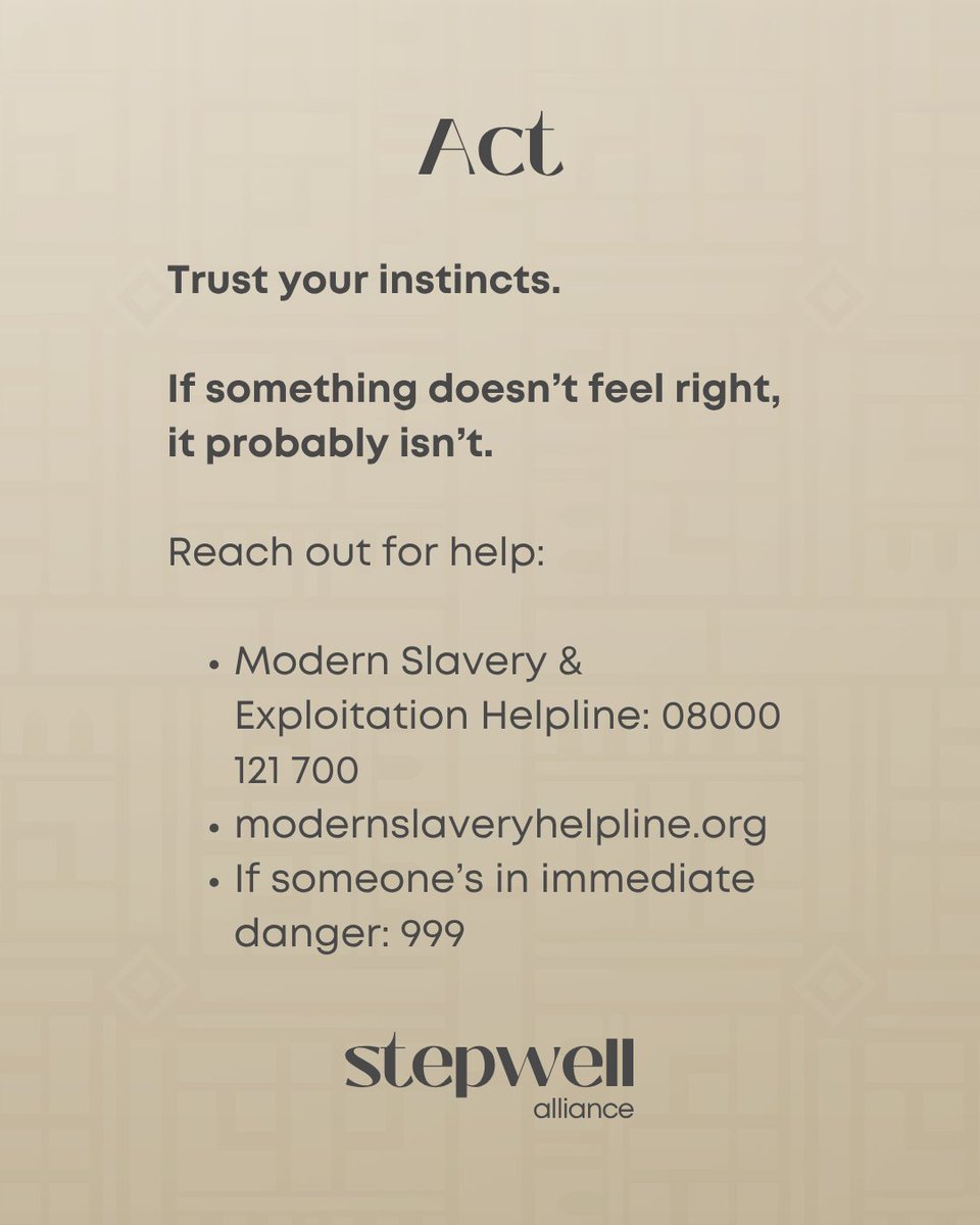Modern slavery hides in plain sight in #workplaces, #homes and #communities across the UK.

Learning to #recognise the warning #signs can save lives.

If something feels #wrong, trust your #instincts and #report it.

#SpotTheSigns #AntiSlaveryWeek #StepwellAlliance