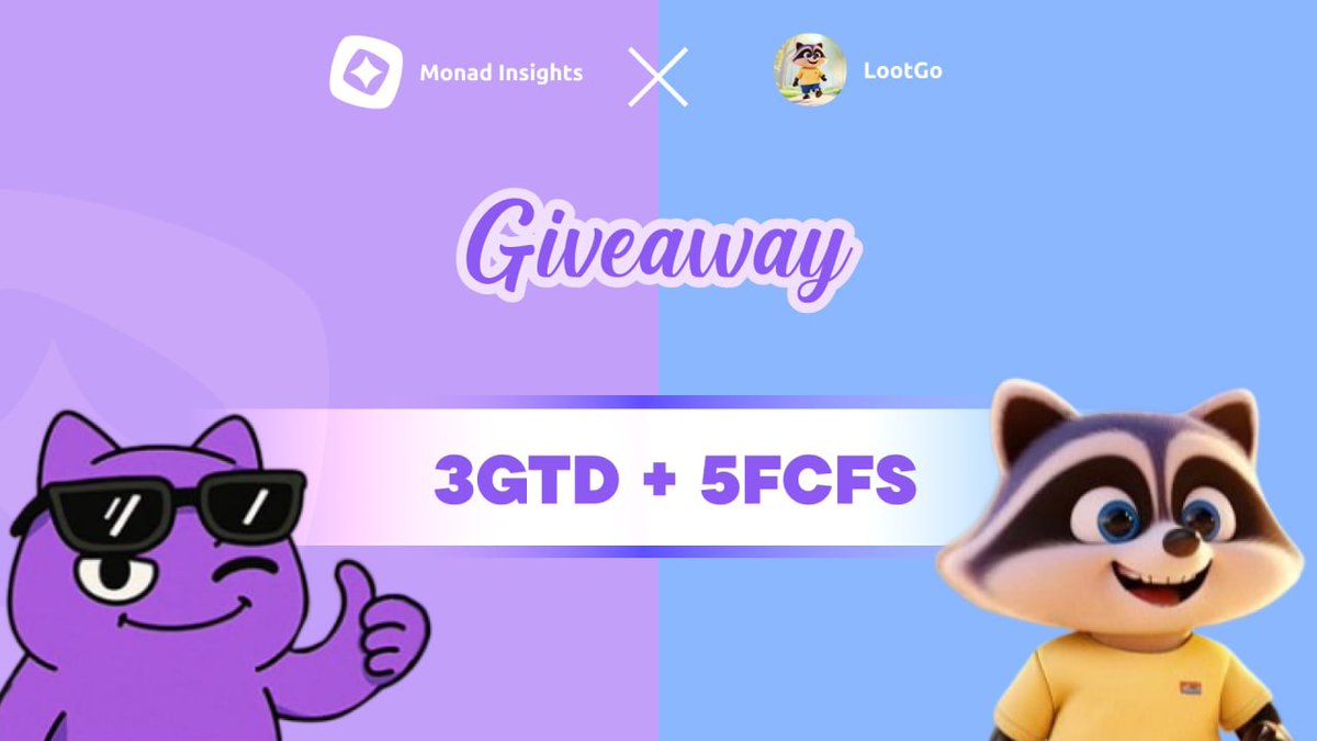 Monad_Insights's tweet image. 💜 Monad Insights × @lootgo_official Giveaway! 

🎁 Prizes:
🔥 3× GTD Spots
🔥 5× FCFS LootGo Compass NFT WL Spots

How to Join:
1️⃣ Follow @MONIonMonad &amp;amp; @lootgo_official
2️⃣ Like ❤️, Retweet 🔁 &amp;amp; Tag 3 frens
3️⃣ Drop your EVM address below 👇

⏰ Winners will be announced in 24…