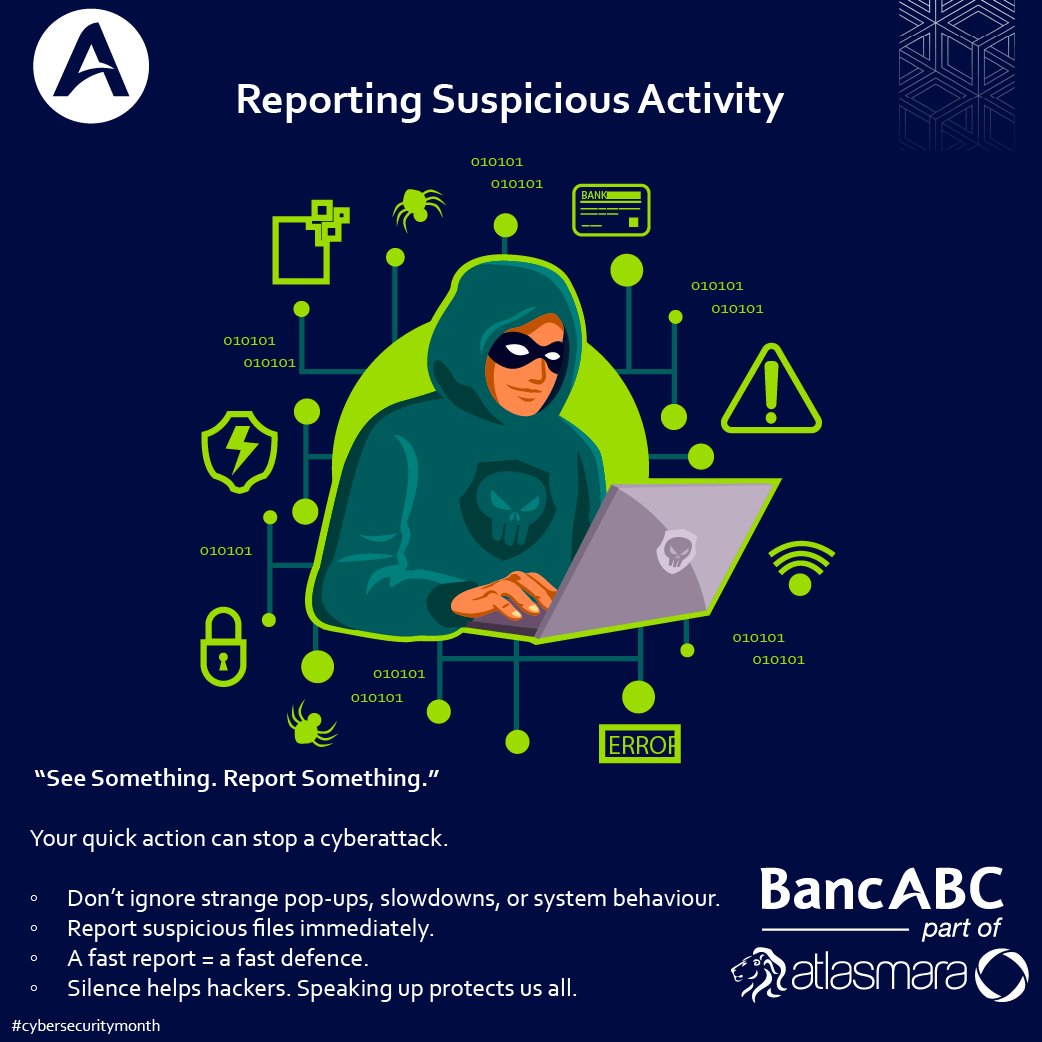 BancabcZW's tweet image. 🚨 Spot something suspicious? 🕵️‍♂️💸

If you notice anything unusual on your account or at our branch, give our staff a shout right away! 📣 Your sharp eyes 🧐 help us keep your money safe and sound 💰🔒.

#BancABCCyberSecurityMonth
#ClientSafetyFirst
#CyberSecurityMonth2025