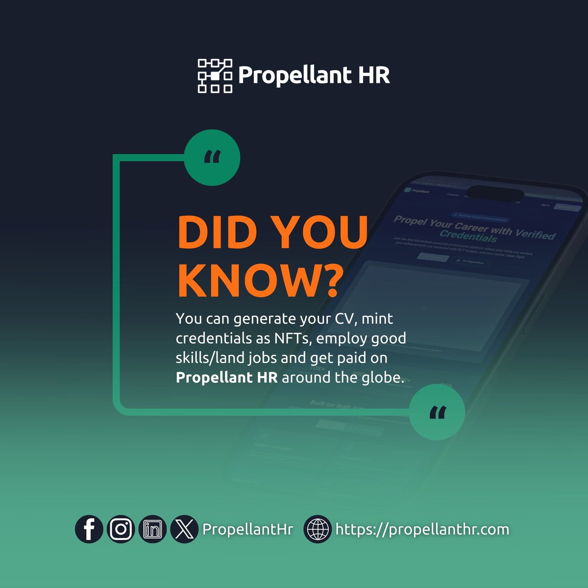 PropellantHR's tweet photo. It’s Friday! Here’s something to think about 💭
You can mint your skills, get verified, and get hired. All in one place.

#PropellantHR #DidYouKnow #FutureOfWork #VerifiedTalent #BlockchainHR https://t.co/ZyFlUNxvne