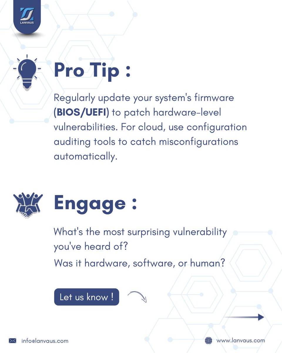 lanvaus's tweet image. The vulnerability landscape goes beyond software. 

Swipe to explore weaknesses in Hardware, Virtualization, and the Cloud.

👉 Follow @lanvaus for more tech updates!
🌐 lanvaus.com

#HardwareVulnerabilities #CloudSecurity  #CyberSecurity #Lanvaus #Cybereducation