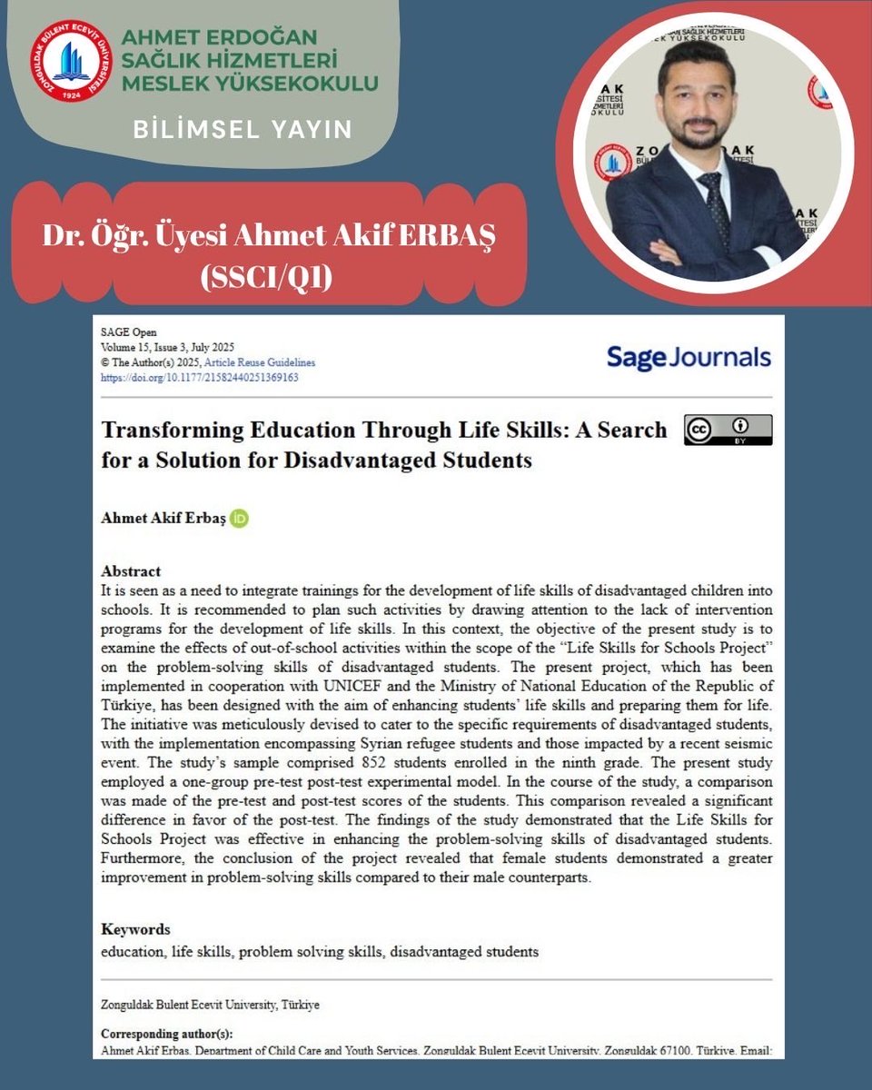 📣Dr. Öğr. Üyesi Ahmet Akif ERBAŞ’ın yeni makalesi yayımlandı.

“Transforming Education Through Life Skills: A Search for a Solution for Disadvantaged Students” başlıklı çalışma, SSCI-Q1 indeks kategorisinde yer alan “SAGE OPEN”dergisinde yayımlandı.

journals.sagepub.com/doi/10.1177/21…