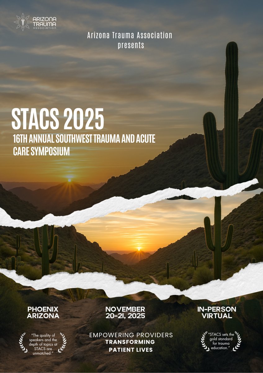 StayCurrentMD's tweet image. Trauma care advances when industry and providers come together. Join @AzTrauma on Nov. 20-21, 2025 for STACS 2025.

Register today: gcmd.pulse.ly/4vd5gwrhxz

Sign up for Tackle Trauma 5K: gcmd.pulse.ly/ceqnht0xhu

Put on by @AzTrauma

#some4pedsurg #STACS2025 #TraumaCare  #ICUCare