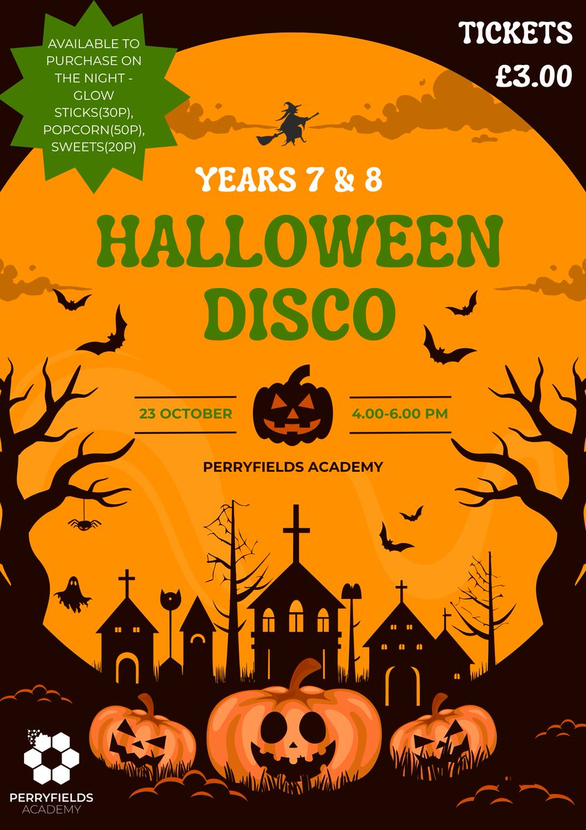 🎃👻 Last chance to buy tickets for our Year 7 and 8 Halloween Disco! 👻🎃
✨23rd October, 4-6 PM at Perryfields Academy ✨
Get your tickets now via School Gateway for a night of fun &amp; fancy dress! 🎉
#PerryfieldsAcademy #HalloweenDisco #Years7and8