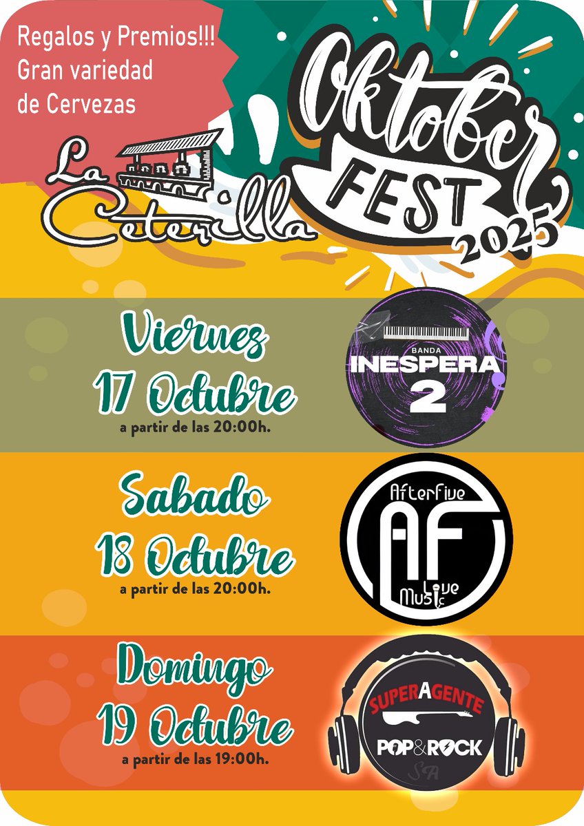 El Oktoberfest la tradicional fiesta alemana de la cerveza que se celebra cada año en Múnich, llega a La Ceterilla.
Ven y disfruta de la música en directo y la mejor cerveza. 🎸🍻