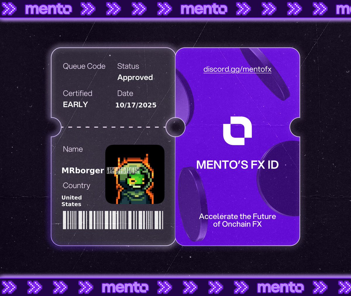 $7.5T moves daily in TradFi FX. 

Now it moves onchain with <a href="/MentoLabs/">Mento (fx/acc)</a>, and I’m part of it.

Claimed my FX ID.

Claimed my FX ID. You? 

 → discord.gg/mentofx