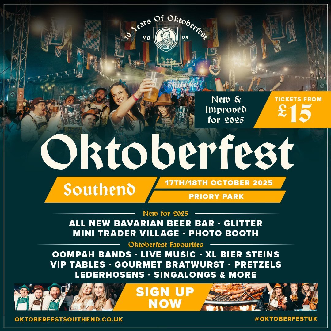 LAST FEW TICKETS 🍻🍻

Oktoberfest season is here... 🙌 It's going to be BREW-TIFUL! 🎶🍺🌭

📌 Priory Park
📅 Friday 17 - Saturday 18 October

Don’t miss your chance to join the fun, grab your Oktoberfest Southend tickets now before they’re gone! 👇👇
visitsouthend.co.uk/oktoberfest-20…