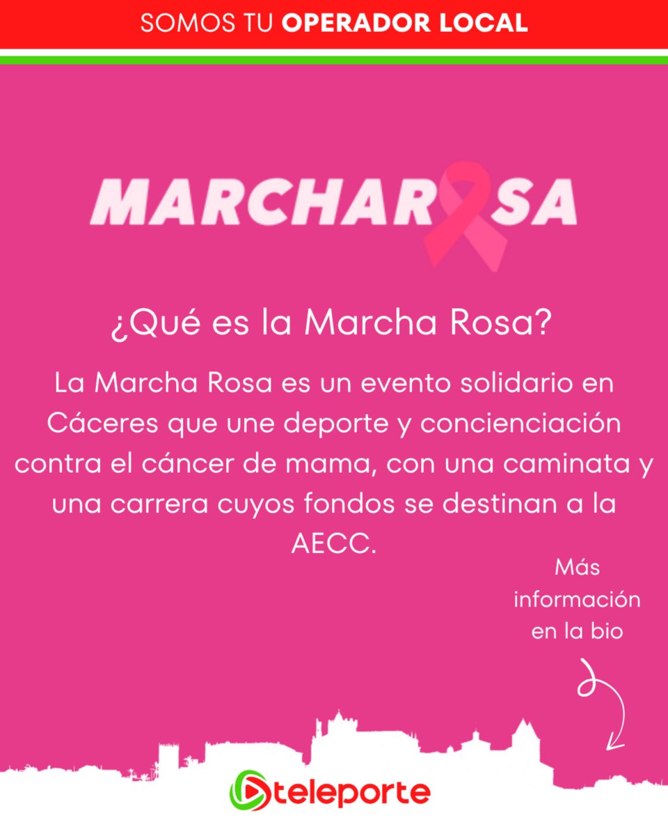 💖 Cáceres se viste de rosa 💖

Este domingo 19 únete a la #MarchaRosa y camina por la lucha contra el cáncer de mama.
🏃‍♀️ Salida: Paseo de Cánovas, 11:00 h
🎗️ Fondos destinados a la AECC

👉 Más info en marcharosa.com