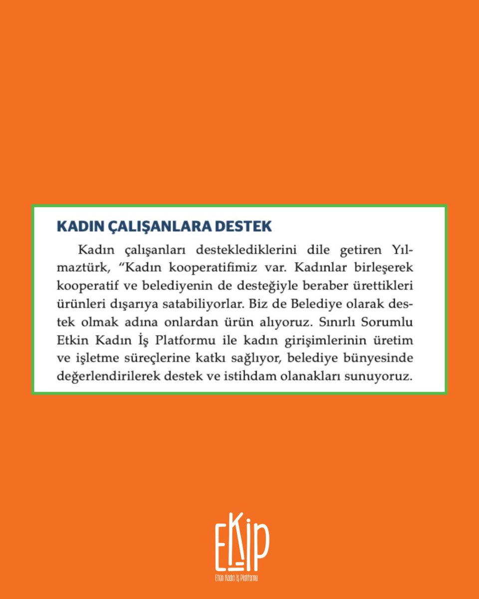 Küçükçekmece Belediyemizin Başkan Danışmanı Sayın Aydın Yılmaztürk’ün köşe yazısında Ekip Kadın Kooperatifi’nden övgüyle bahsetmesi bizler için büyük bir motivasyon kaynağı oldu.
