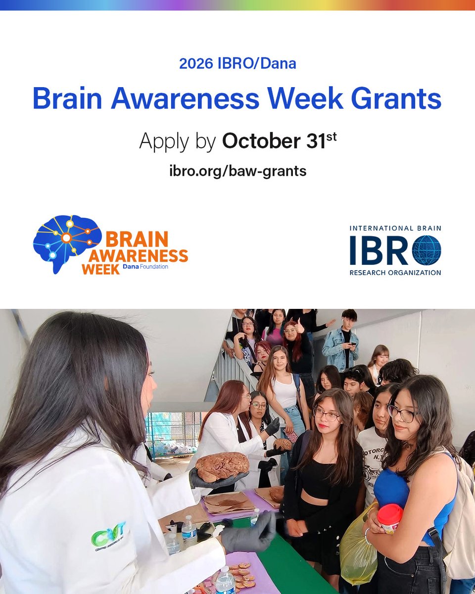 IBROjournals's tweet image. 🧠 #BrainAwarenessWeek 2026 Grants are still open for applications!
Do you have a creative idea to bring brain science closer to your community? Apply by 31 Oct to make it happen!
ibro.org/grant/brain-aw… 

#IBROinAsiaPacific #IBROinUSCanada #IBROinAfrica #IBROinLatAm @dana_fdn
