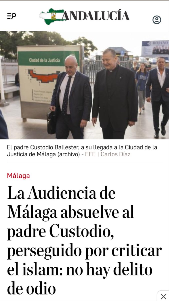 ⚖️ ☪️| La Audiencia de Málaga absuelve al Padre Custodio. Bravo 👏🏻👏🏻

OmeYa ya no tendrá que ir a visitarle a la cárcel 

Enhorabuena, Padre.. por las dos cosas

Bendito sea Dios!