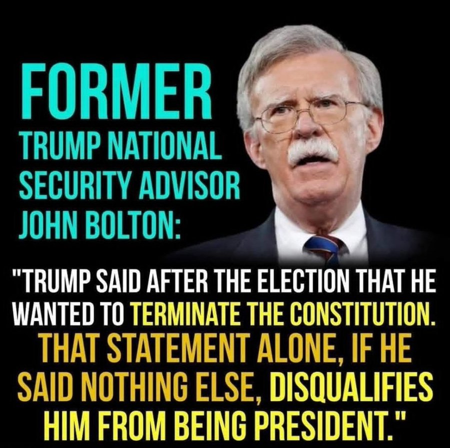 John Bolton appears in a formal suit and tie, with glasses and a mustache, against a black background. Bold yellow text overlays label him as former Trump national security advisor. The quote text states Trump said after the election that he wanted to terminate the Constitution, and that statement alone disqualifies him from being president.