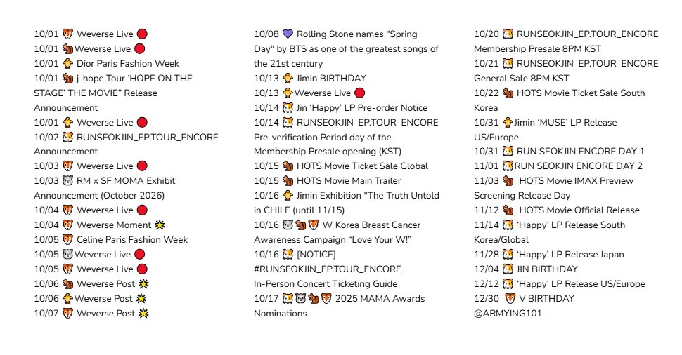 Keeping up with BTS 🌟
As of October 17, 2025 

I think I missed a lot, so please let me know important dates/events that has happened or about to happen.

FOCUS ON BTS