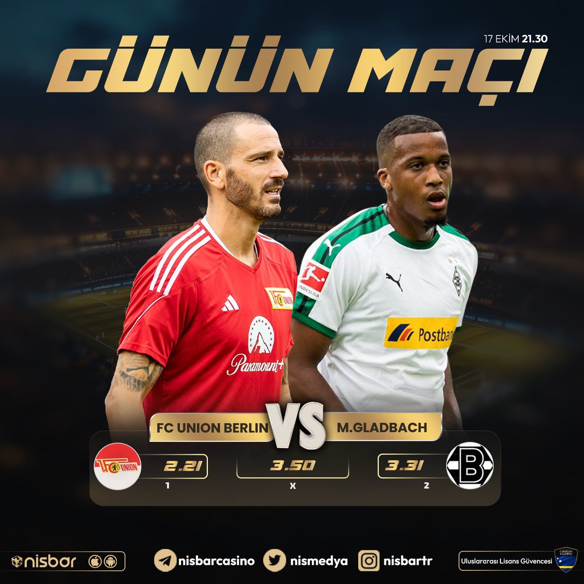 🔔 Günün En Çok Beklenen Maçı!

📅 Tarih: 21.45

⚽️#UnionBerlin  🆚 ⚽️#Monchengladbach

Hemen oyna: nisurl.com/nisbargir

🎁GÜNLÜK 1000₺'YE KADAR %20 SPOR YATIRIM BONUSU!
🎁GÜNLÜK 500₺'YE KADAR %20 FREEBET!

#Nisbar #Nisbargiris