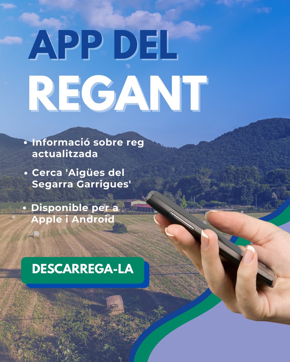 Aigües Segarra Garrigues (@asg_sa) on Twitter photo 📣 Coneixes l'APP del regant? Es tracta d'una aplicació mòbil que et permetrà disposar de tota la informació actualitzada al teu mòbil 📲
➡️ Descarrega-la cercant "Aigües del Segarra Garrigues" a la tenda d'aplicacions del teu telèfon.
#ASG 📣 Coneixes l'APP del regant? Es tracta d'una aplicació mòbil que et permetrà disposar de tota la informació actualitzada al teu mòbil 📲
➡️ Descarrega-la cercant "Aigües del Segarra Garrigues" a la tenda d'aplicacions del teu telèfon.
#ASG