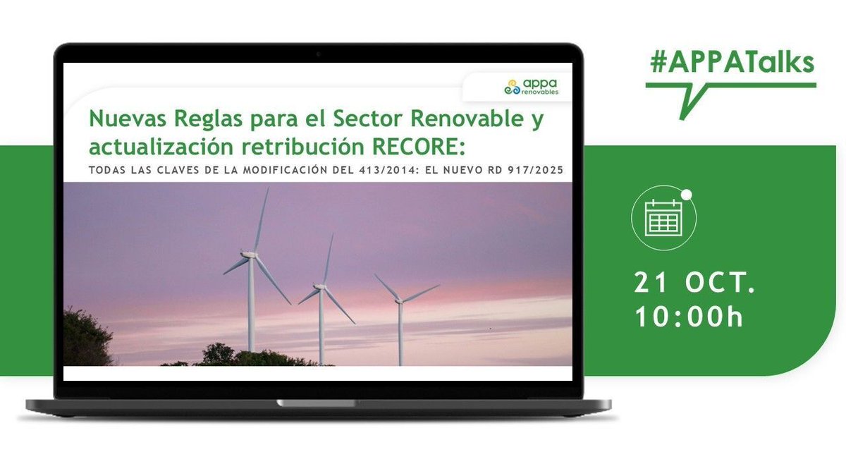 APPA_Renovables's tweet photo. 💬 #APPATalks | El nuevo RD 917/2025, que modifica el RD 413/2014, redefine el marco técnico y retributivo del régimen #RECORE, marcando un cambio clave para el futuro del sector #renovable ⚡ Conoce el análisis de todas las novedades de la mano de José María González Moya (@jmgmoya), DG @APPA_Renovables, e Ignacio Grangel, Socio de CMS Albiñana & Suárez de Lezo (@CMS_Spain)
🗓️ 21 octubre | 10h | Inscripción gratuita 📥👉🏼 https://t.co/P2uNoJqLXK