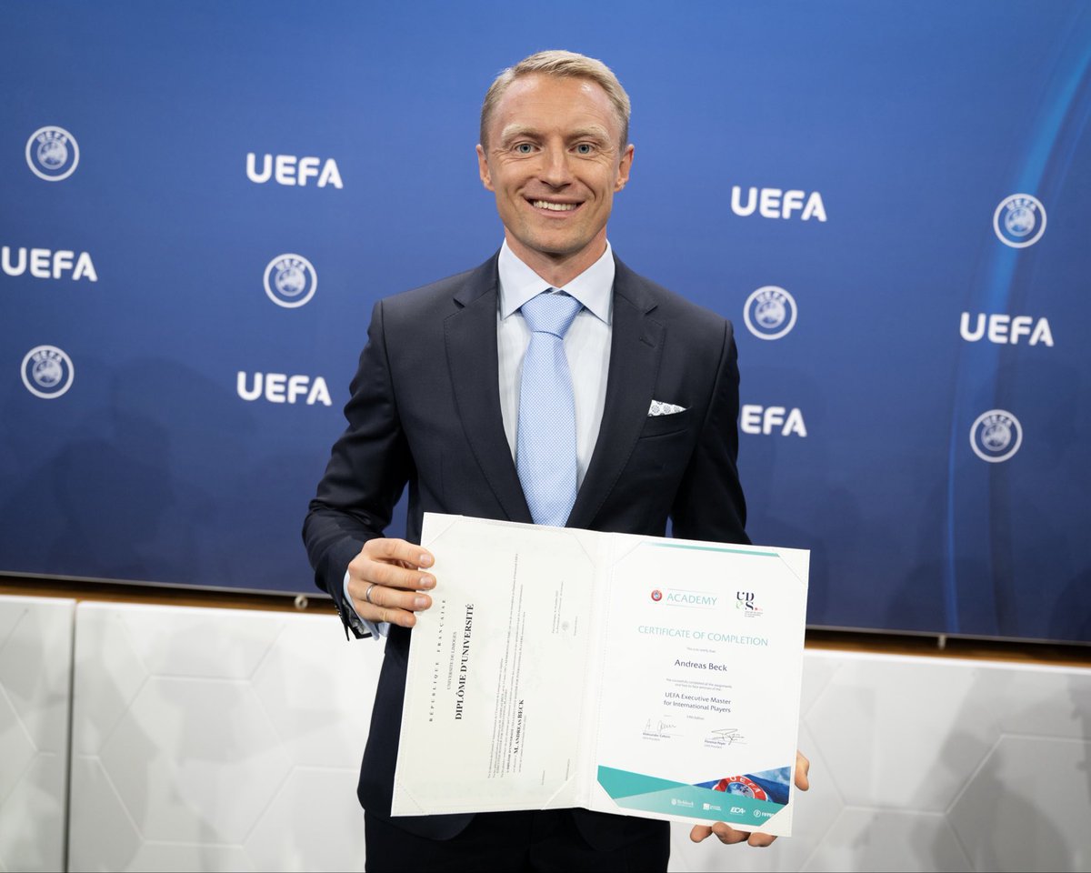 AndreasBeck87's tweet photo. UEFA MIP Grad'25 🎓

It's hard to believe that our UEFA Executive Master for International Players (UEFA MIP|5) has come to an end. 

Our final, celebrated graduation ceremony at the @UEFA HQ In Nyon🇨🇭, held in the presence of President Aleksander Čeferin, marks the end of this chapter and the beginning of many new and exciting stories to come.

The past two years were incredible. From the outside, they might look like a straight, successful line from session to session, but it was far more demanding and transformative. The most valuable lessons weren't in the classroom; they were in the struggle in between.

It was two years of sacrifices, learning, trying, asking, and failing. It meant adapting to new environments, traveling the world, and pushing through internships; all while writing an academic dissertation.

That struggle, that beautiful chaos, is what football is all about.⚽️

And that's precisely why I'm so proud of this diploma. It reflects the transformation we went through together.

One of the most valuable gifts I can give myself is to remain curious by lifelong education and experiences, and it's even more magical when that happens at the highest level with the most inspiring colleagues in the sports sector.

A massive thank you to the @UEFA academy and partners for this incredible opportunity. Thank you to everyone who supported me and contributed to this journey. But the biggest thanks of all go to my supporting family, who were my rock throughout it all. ❤️

I'm humbled and grateful for this achievement and will keep these memories close to my heart.

#UefaMIP #SportsBusiness #Football #SportsManagement
#UEFA