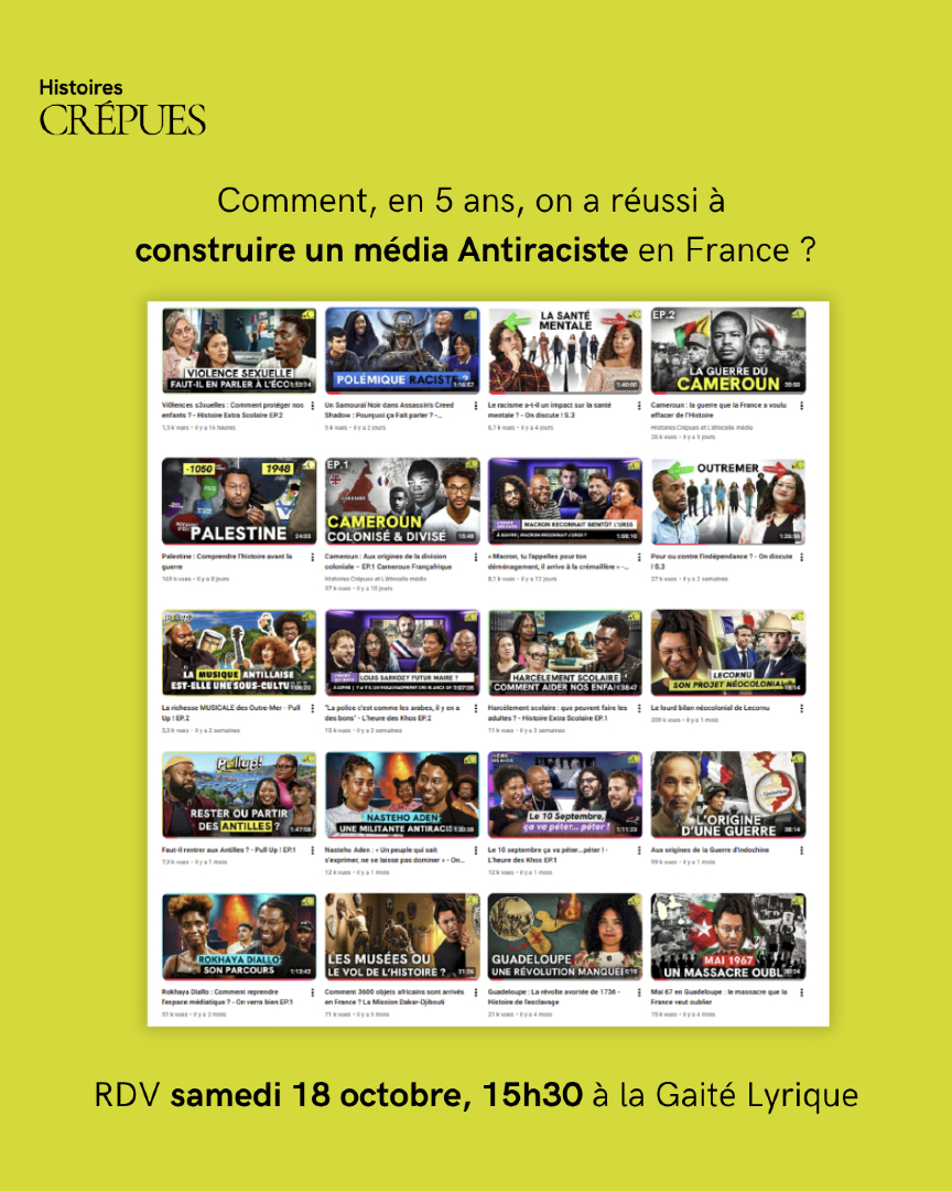 MERCI ! Vous êtes 1 million à nous suivre, toutes plateformes confondues. On vous donne RDV samedi 18 octobre à 15h30 à la Gaité Lyrique pour vous raconter les coulisses d'Histoires Crépues ! 
Pendant le Festival  "Et Maintenant ?" de ARTE : Lien d'inscription dans la bio.
