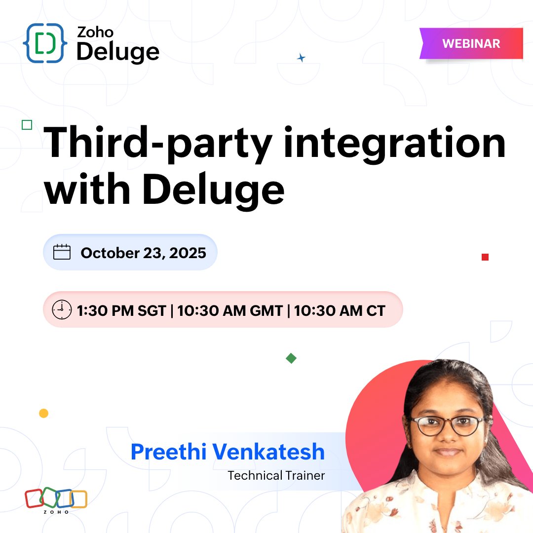 ZohoCreator's tweet image. Learn how to connect Zoho apps with third-party services using Deluge! Join our 45-min live session to explore invokeURL, secure API requests, and real-world use cases for smarter workflows. Register now:

APAC: zurl.co/KAhqC

EMEA: zurl.co/utyRE

Americas:…