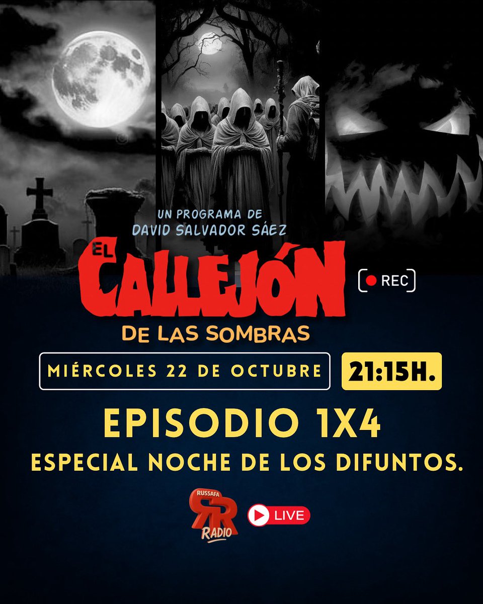 👉🏻𝗘𝗽𝗶𝘀𝗼𝗱𝗶𝗼 𝟭𝘅𝟰: 𝗘𝘀𝗽𝗲𝗰𝗶𝗮𝗹 𝗻𝗼𝗰𝗵𝗲 𝗱𝗲 𝗹𝗼𝘀 𝗱𝗶𝗳𝘂𝗻𝘁𝗼𝘀.

🎙️El miércoles 22 de octubre tenemos un programa especial dedicado a aquellos que escucha la última campanada antes de cruzar al otro lado para toda la eternidad.

#davidsalvadorsáez