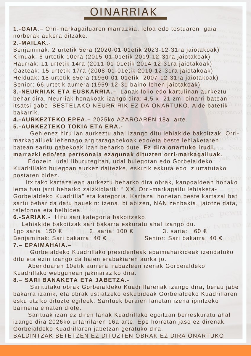 📚 Gorbeialdeko Kuadrillako XX. Orri-Markagailu Lehiaketa.

Gorbeialdeko Kuadrillak XX. Orri-Markagailu Lehiaketa antolatu du, gai librearekin. 

➡️ Lehiaketa oinarri guztiak eta informazio gehiago: labur.eus/mrgpzi05