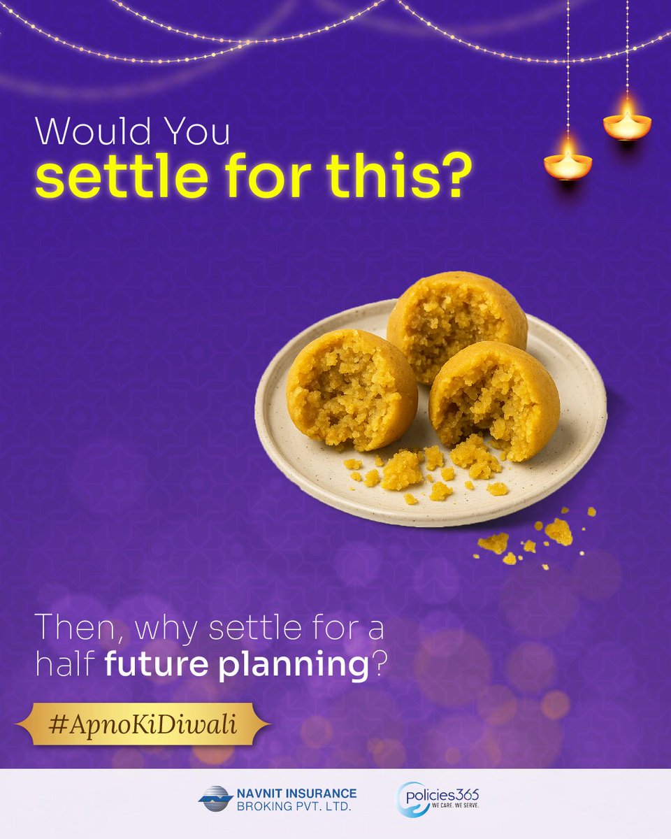 policies365's tweet image. A half laddoo may seem sweet, but it won’t truly satisfy.
Similarly, half risk coverage won’t fully protect your future. Choose complete risk coverage.

 #insurance #insurancebroker #riskcoverage #apnokidiwali #nibpl #policies365