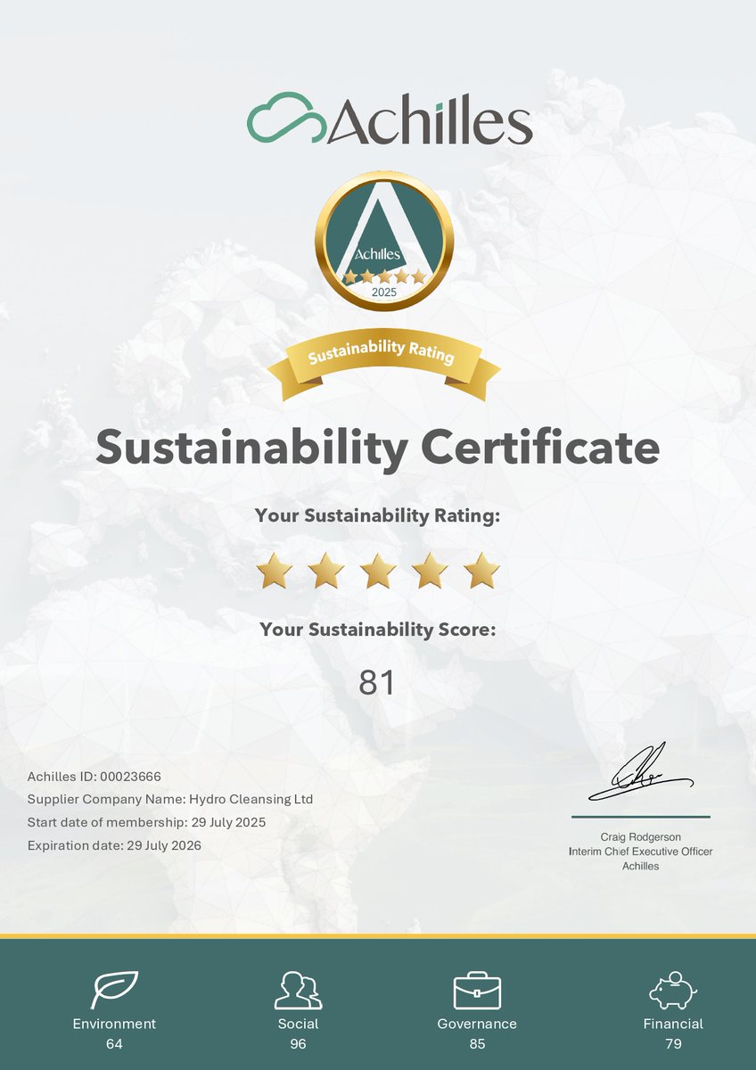 hydrocleansing's tweet photo. Big win for Hydro Cleansing Ltd 🌍

Our Sustainability Rating: 81 with Achilles shows our dedication to building a cleaner, greener, and more responsible future.

#Sustainability #ESG #HydroCleansing #Environment #SocialResponsibility #GreenFuture https://t.co/6hle4In87p