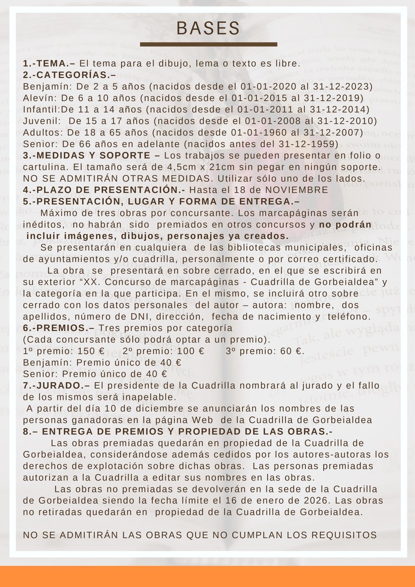 ¡XX Concurso de Marcapáginas de la Cuadrilla de Gorbeialde: crea, participa y gana!

La Cuadrilla de Gorbeialde organiza el XX Concurso de Marcapáginas, con tema libre. 

➡️ Consulta las bases completas e información adicional aquí: labur.eus/goibtxuv