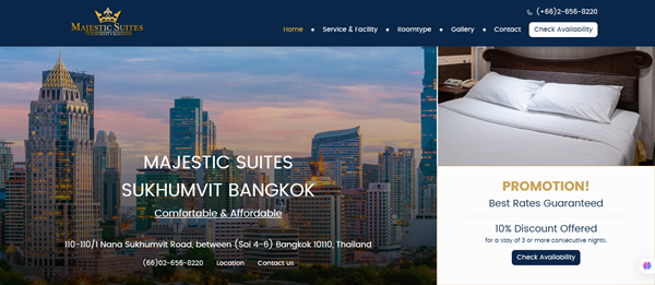 PROMOTION: Best Rates Guaranteed—save 10% on stays of 3+ consecutive nights at Majestic Suites Bangkok. Located on Sukhumvit Road, our 54 rooms feature exceptional service and attentive staff.” 
majesticsuites.com #nana_Hotel_Bangkok #hotel_near_nana_plaza
