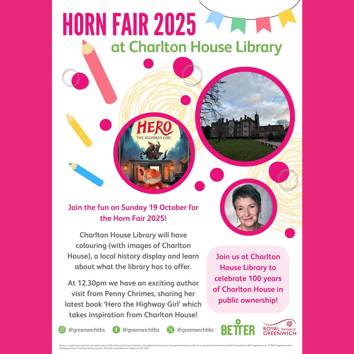CharltonLib's tweet image. The Horn Fair is coming to #CharltonLibrary on Sunday 19 October! We’ll have themed colouring of the lovely Charlton House + ‘Hero the Highway Girl’ the latest book by Penny Chrimes, which takes inspiration from the building. Penny will be visiting from 12.30pm 📚