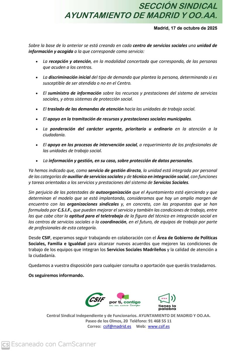 Desde CSIF queremos trasladar la respuesta que nos ha ofrecido el Área de Gobierno de 
Políticas Sociales, Familia e Igualdad después de la reunión mantenida el pasado 
01/10/2025. 

Seguiremos luchando por los derechos de nuestros trajador@s.