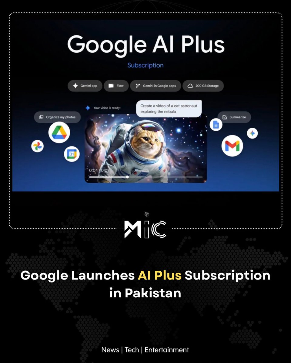mictechofficiaI's tweet image. Google AI Plus Launches in Pakistan
For Rs 1,400/month, users get Gemini 2.5 Pro, video tools (Flow &amp;amp; Whisk), and 200GB cloud storage — with 50% off for new sign-ups.

#GoogleAIPlus #GeminiAI #AIinPakistan #mictech #micnews