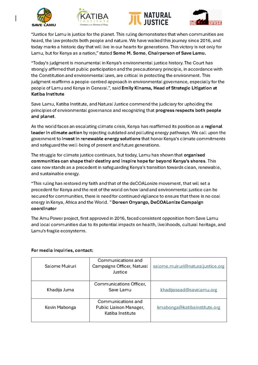 Press Statement:

On 16 October 2025, the Environment and Land Court in Malindi, Kenya, upheld the landmark 2019 decision of the National Environment Tribunal (NET), which revoked the Environmental Impact Assessment (EIA) licence granted to Amu Power Company Ltd for the proposed